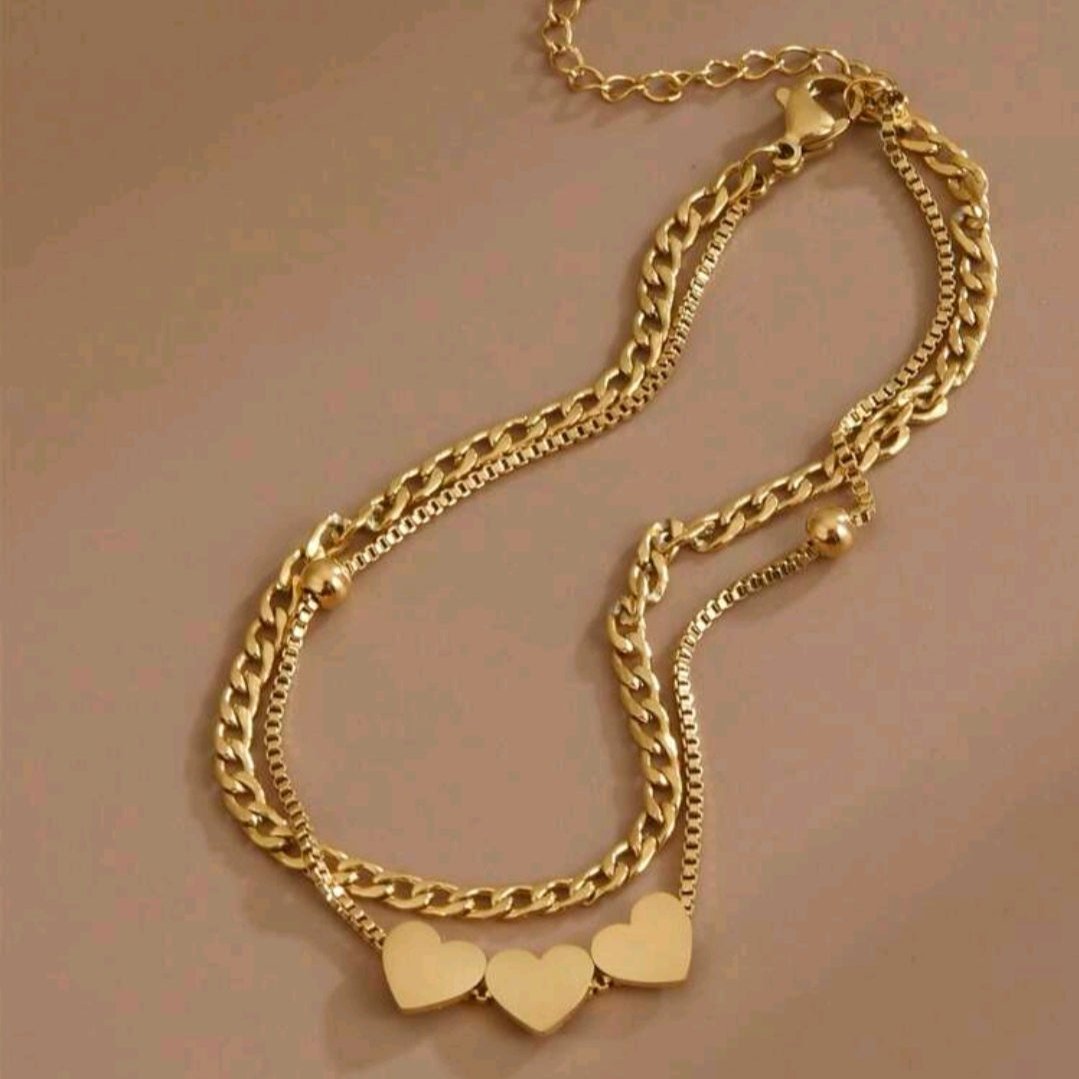 Pulsera - Tobillera Doble Cadena Con 3 Corazones