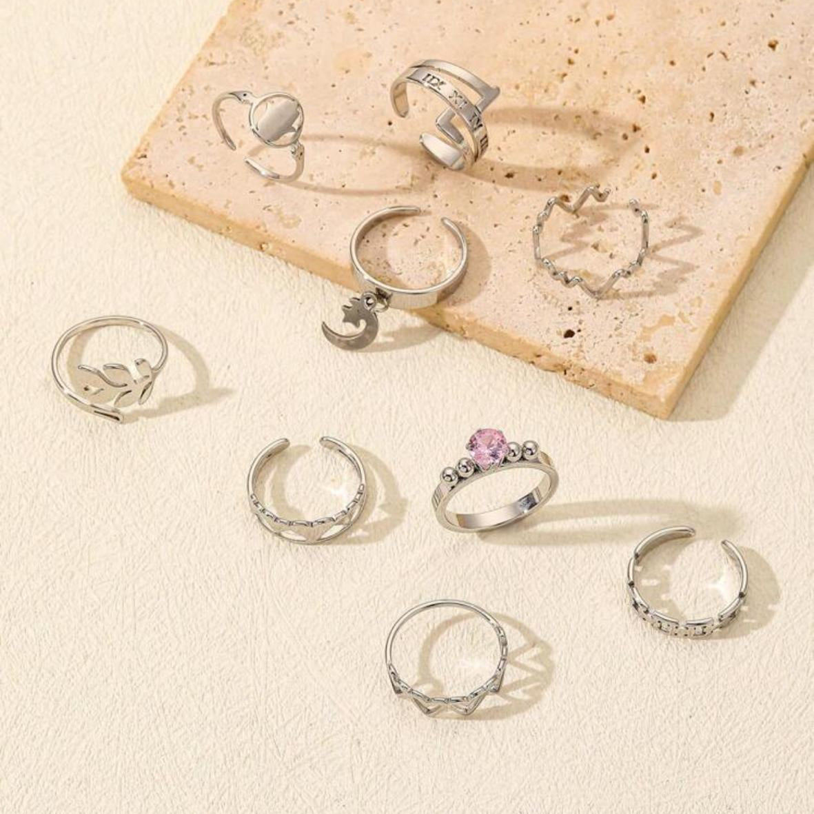 Anillos Variados de Acero Inoxidable Plateados Ajustables (Precio por Unidad)