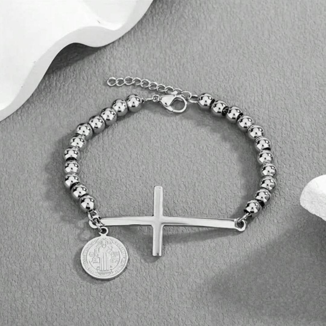 Pulsera de Balines Con Cruz y Dije de San Benito Plateada