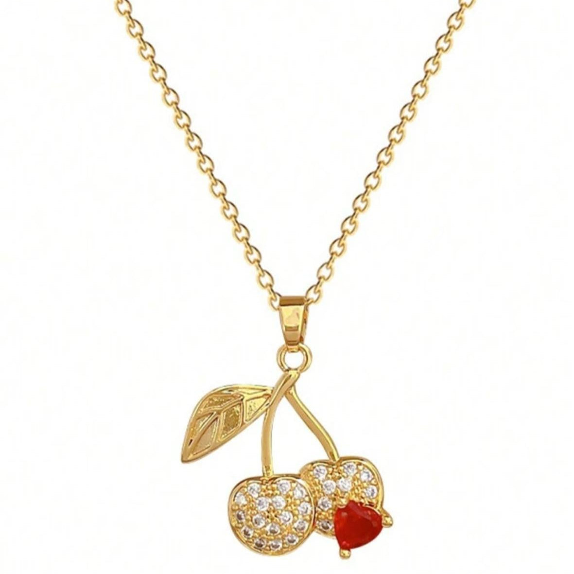 Collar de Cerezas con Diamantes y Corazón Rojo