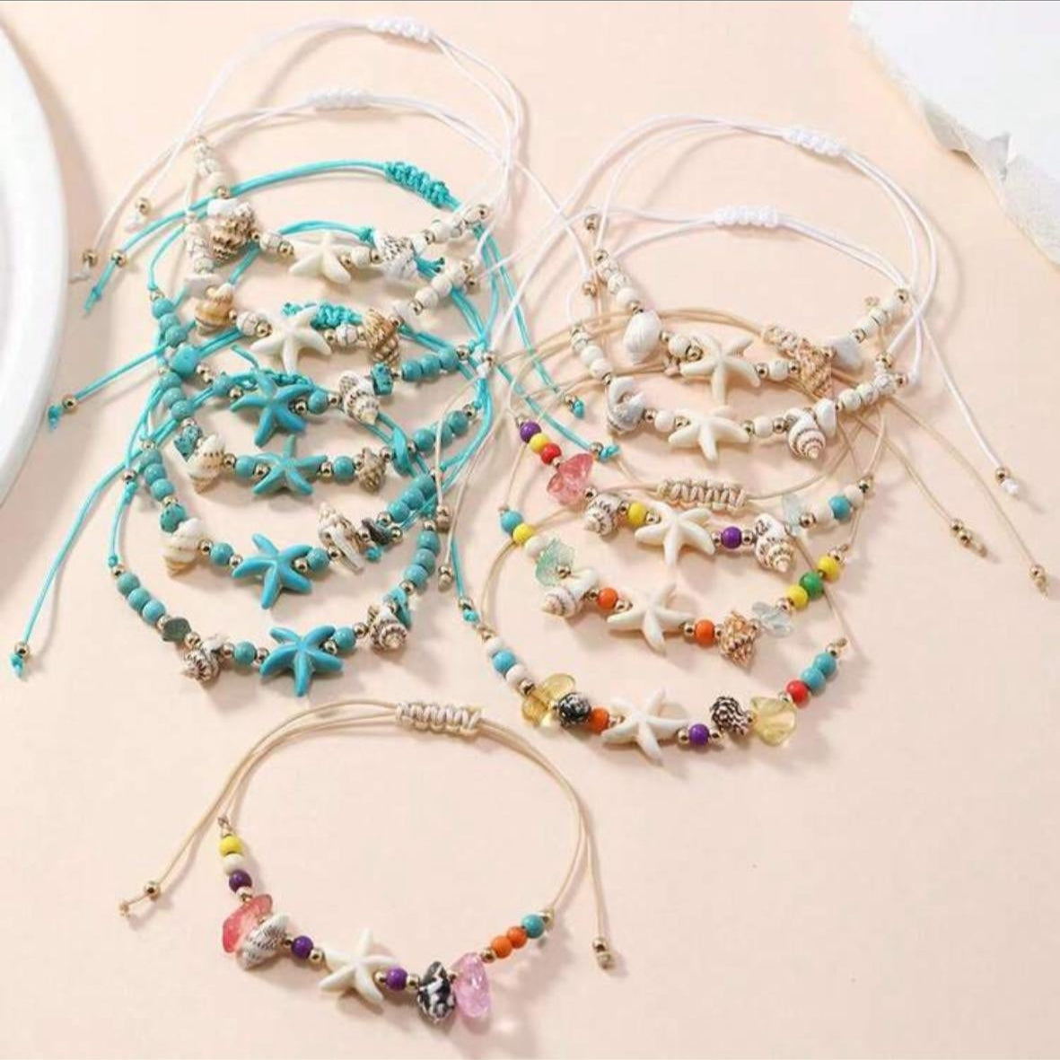 Pulsera Ajustable Con Cuentas, Caracoles y Estrella de Mar (Precio Por Unidad)