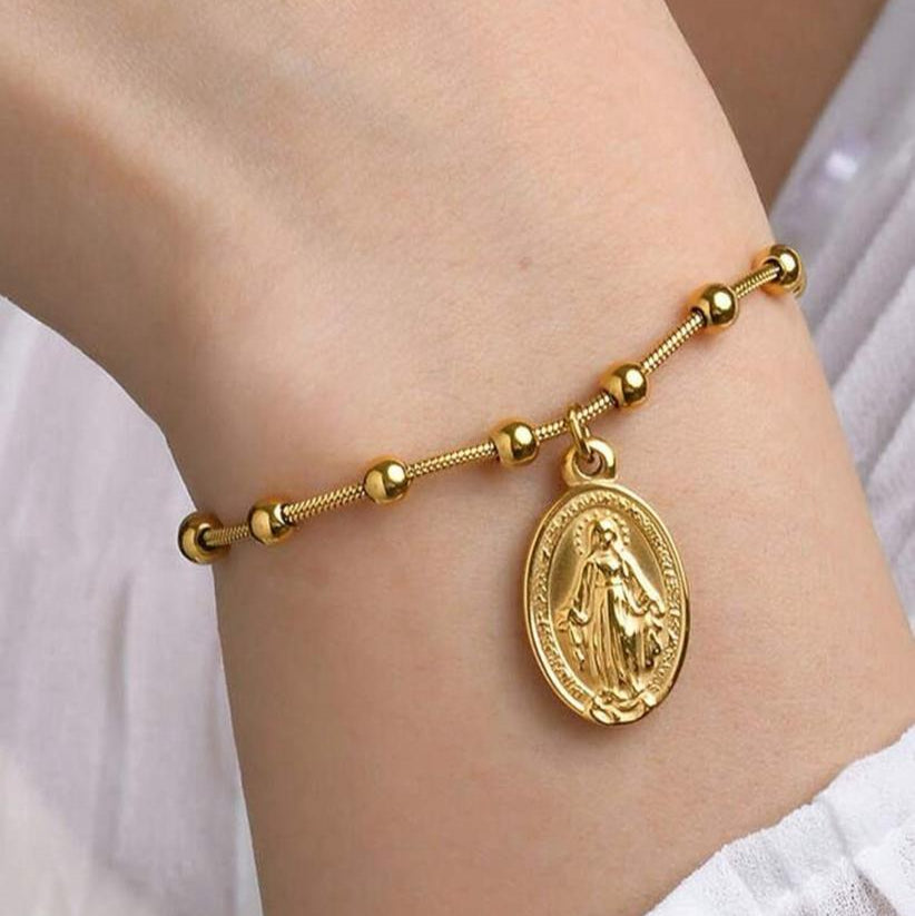 Pulsera de Balines / Cuentas con Virgen Milagrosa Dorada