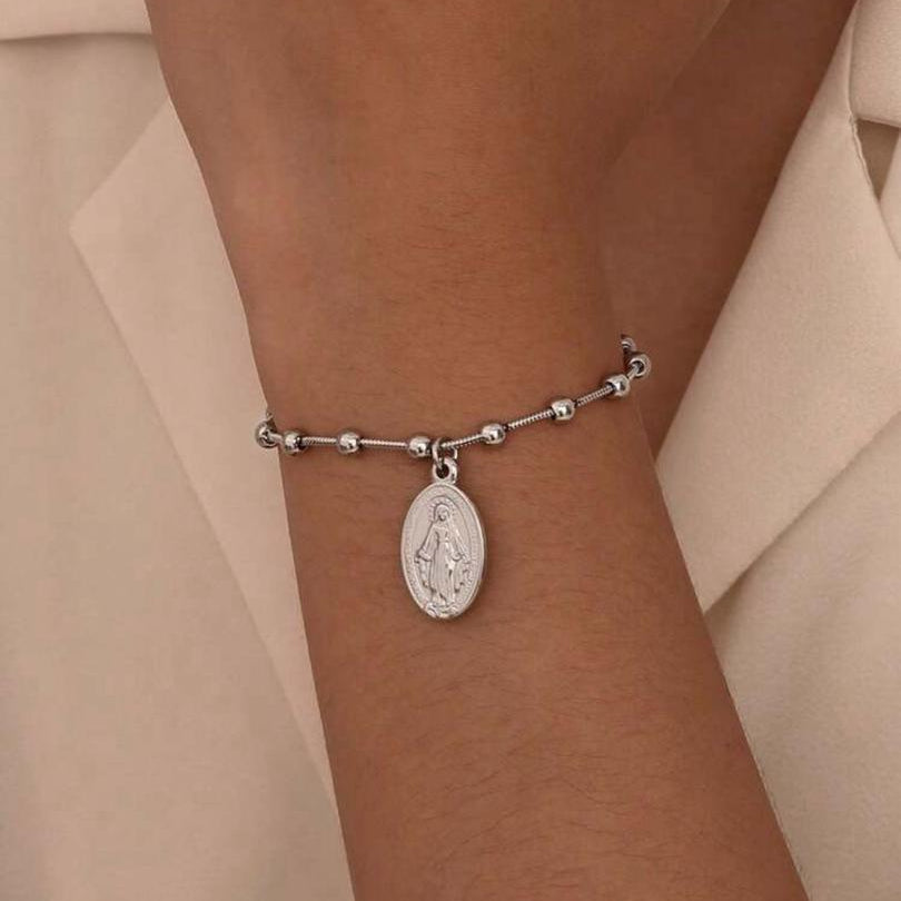 Pulsera de Balines / Cuentas con Virgen Milagrosa Plateada