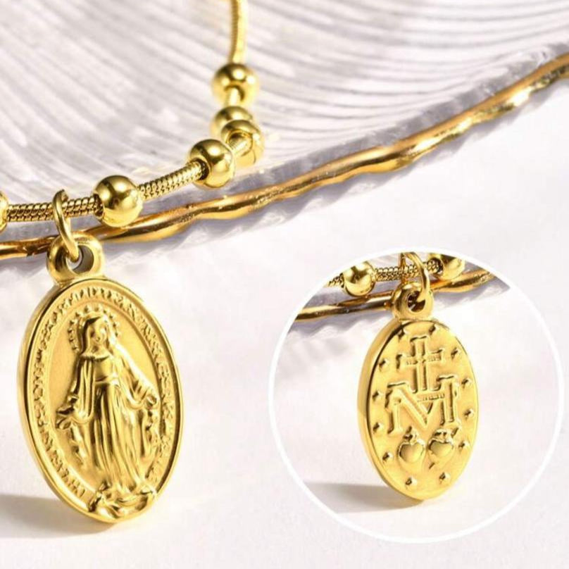 Pulsera de Balines / Cuentas con Virgen Milagrosa Dorada