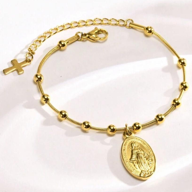 Pulsera de Balines / Cuentas con Virgen Milagrosa Dorada