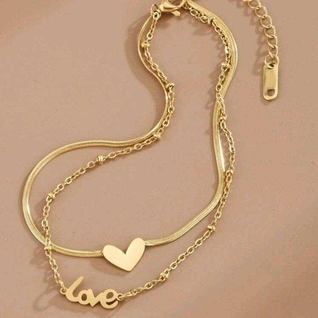 Pulsera - Tobillera Doble Cadena Con Corazón Y Escrito Love