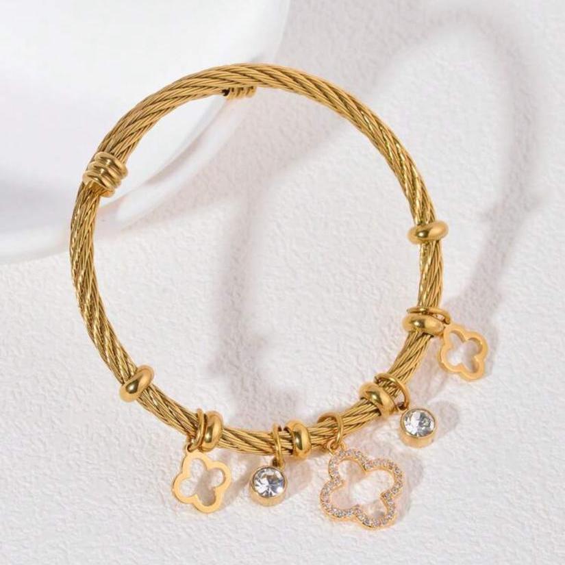 Pulsera Brazalete Con Dijes De 3 Tréboles De 4 Hojas Con 2 Zirconias