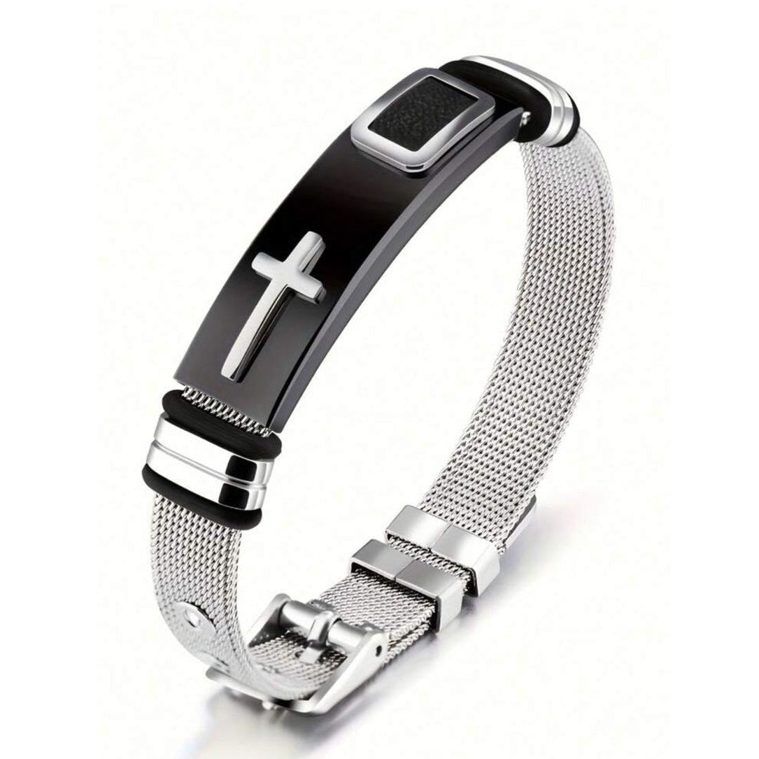 Pulsera Unisex Con Cruz Negro y Plateado