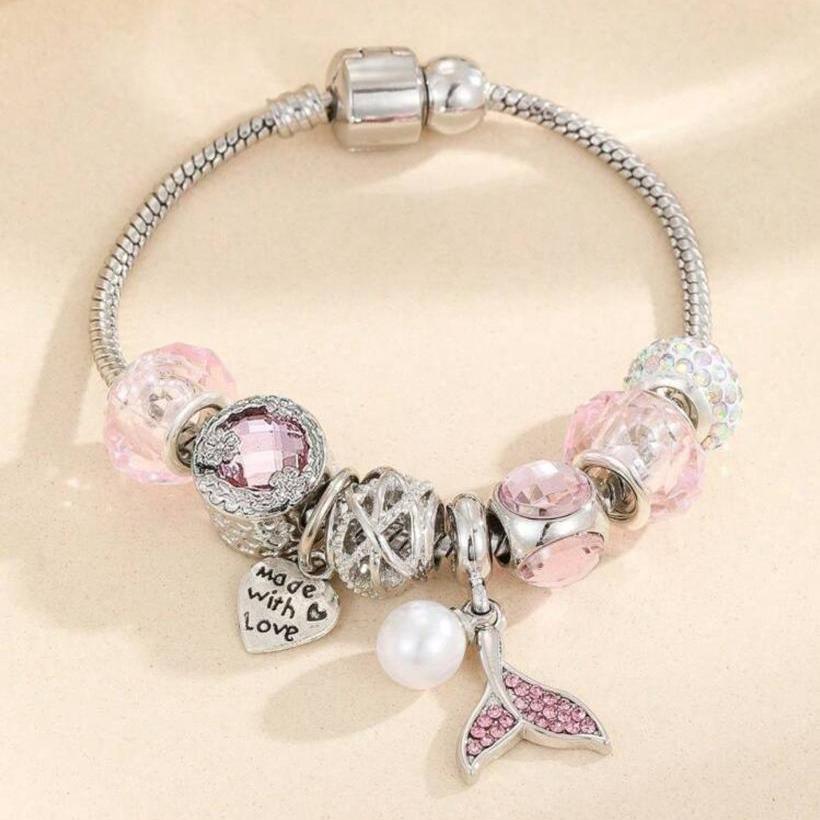 Pulsera Con Dijes Rosados, Perla, Cola De Sirena Con Trancador Especial