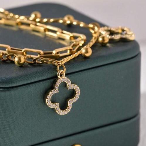 Pulsera Doble Con Dos Tréboles De 4 Hojas Con Diamantes Y Cuentas