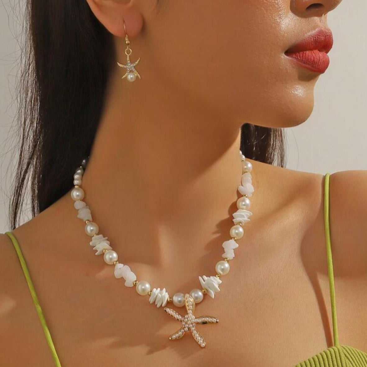 Set De Collar Y Zarcillos Con Estrella de Mar, Perlas y Piedras (Hecho A Mano)