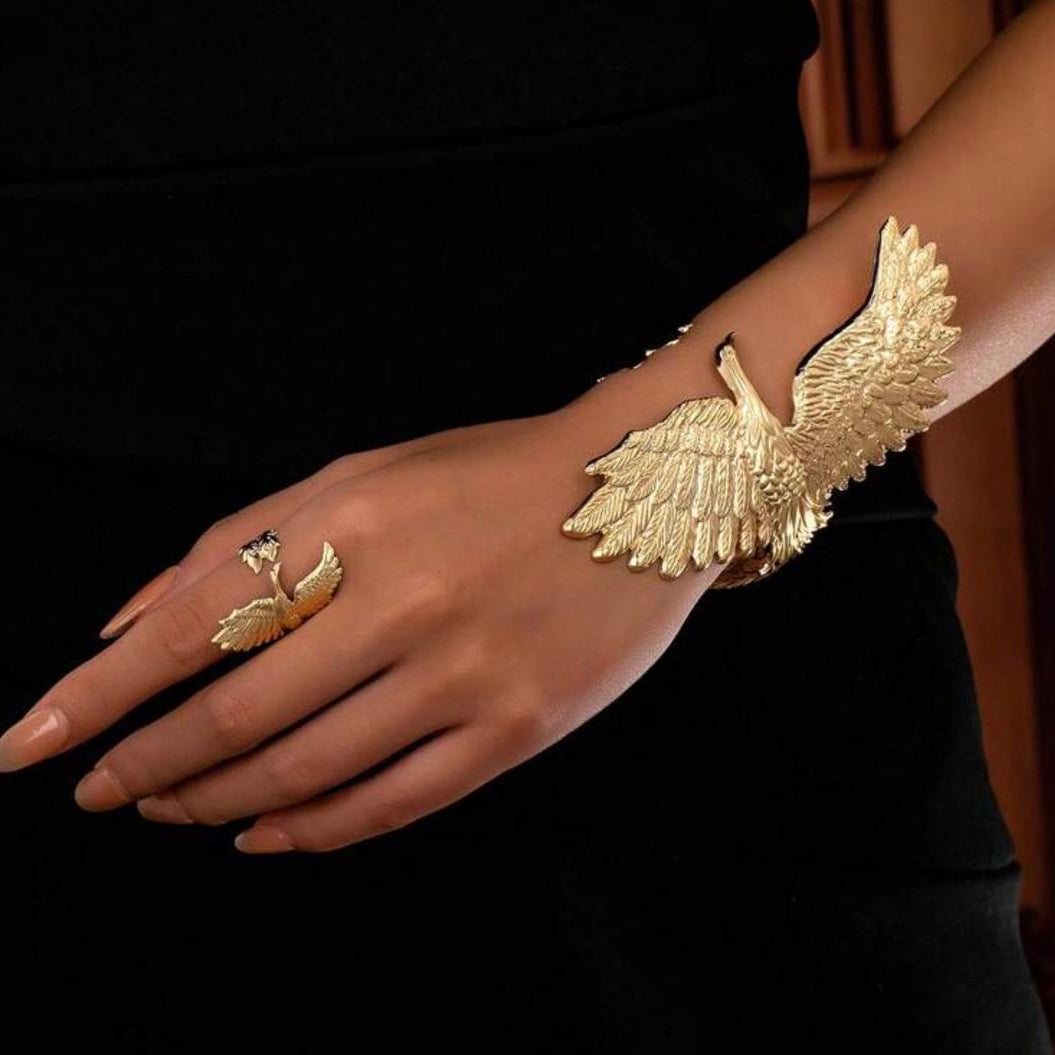 Set de Pulsera Tipo Brazalete y Anillo de Ave Fénix