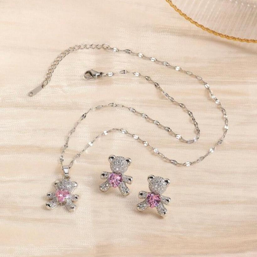 Set De Collar, Zarcillos Y Anillo De Ositos Con Diamantes y Corazón Rosa Plateado