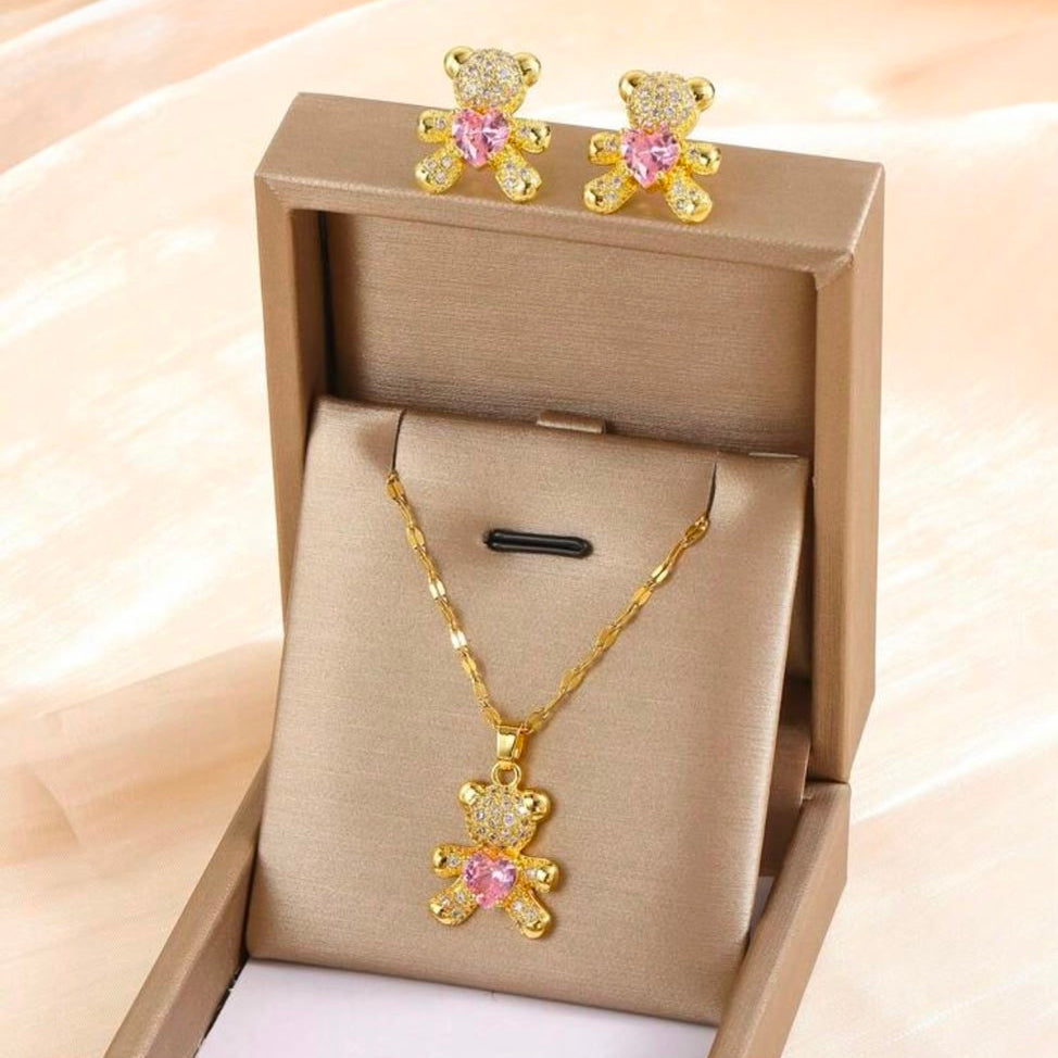 Set De Collar y Zarcillos De Ositos Con Diamantes y Corazón Rosa Dorado