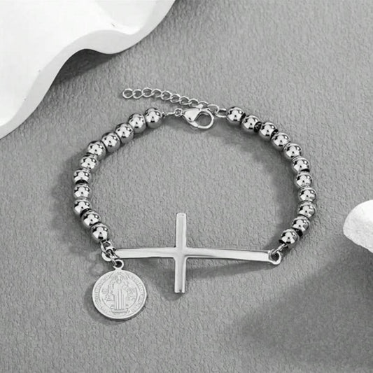 Pulsera de Balines Con Cruz y Dije de San Benito Plateada