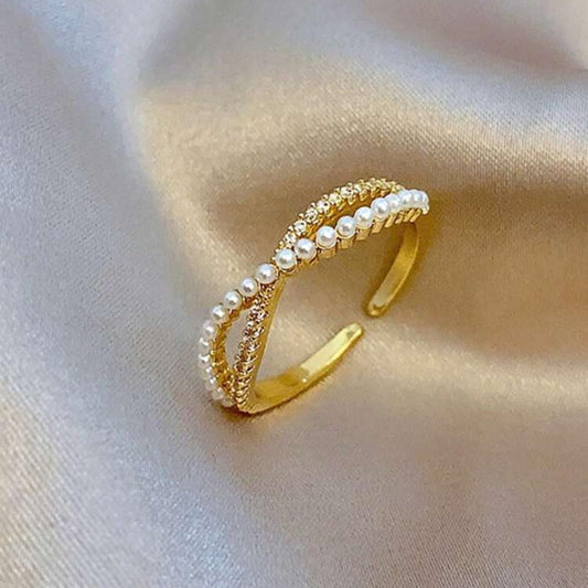 Anillo Cruzado X con Circonitas y Perlas