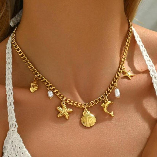 Collar Caribe Con Dijes De Conchas, Estrellas, Perlas Y Delfín