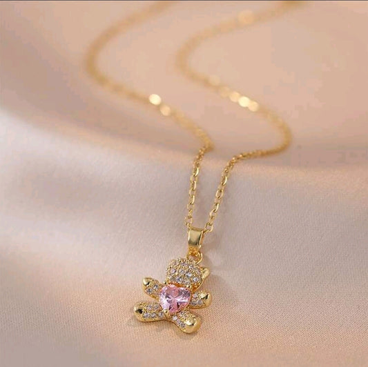 Collar De Osito Con Diamantes Y Piedra Rosa