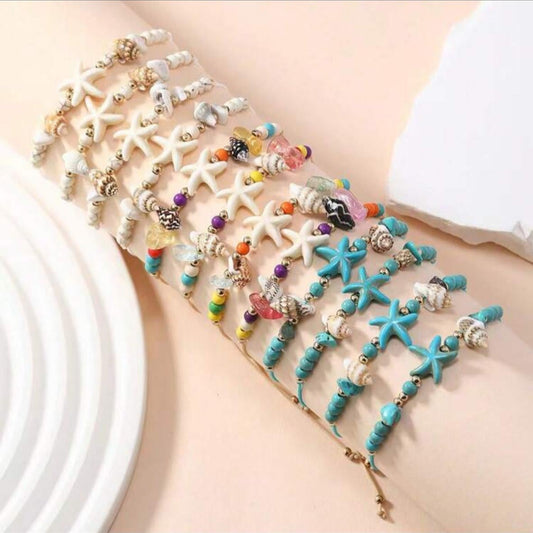 Pulsera Ajustable Con Cuentas, Caracoles y Estrella de Mar (Precio Por Unidad)