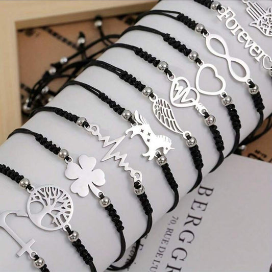 Pulsera Tejida Ajustable Con Dije De Acero Inoxidable A Escoger (Precio Por Unidad)