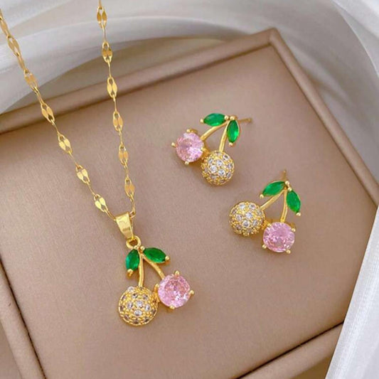 Set De Collar Y Zarcillos De Cerezas Rosadas Con Diamantes
