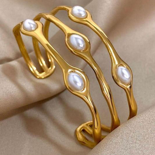 Pulsera Brazalete Irregular Ajustable con Perlas Incurstadas