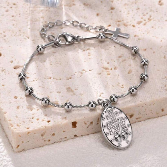 Pulsera de Balines / Cuentas con Virgen Milagrosa Plateada
