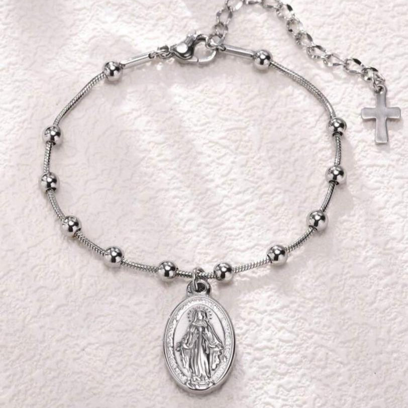 Pulsera de Balines / Cuentas con Virgen Milagrosa Plateada