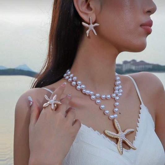 Set de Collar, Zarcillos y Anillo de Estrella de Mar con Perlas Sintéticas