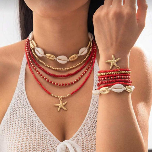 Set De Collares Y Pulseras Con Estrellas Y Caracoles Rojo (Hecho A Mano)