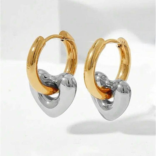 Pendientes de Aro con Corazón Doble Color (Oro y Plata) Aro Dorado
