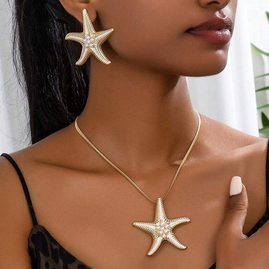 Set de Collar Y Zarcillos de Estrella de Mar con Perlas Sintéticas
