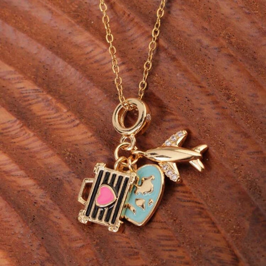 Collar Con Dijes Colgantes De Avión, Mundo en Corazón Y Maleta