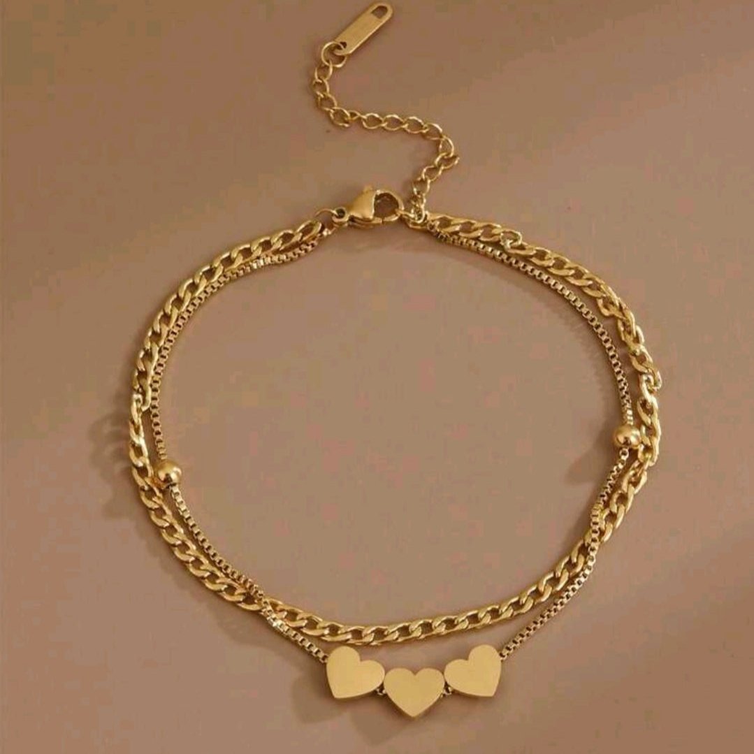 Pulsera - Tobillera Doble Cadena Con 3 Corazones