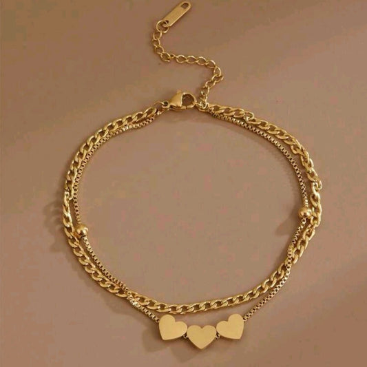 Pulsera - Tobillera Doble Cadena Con 3 Corazones