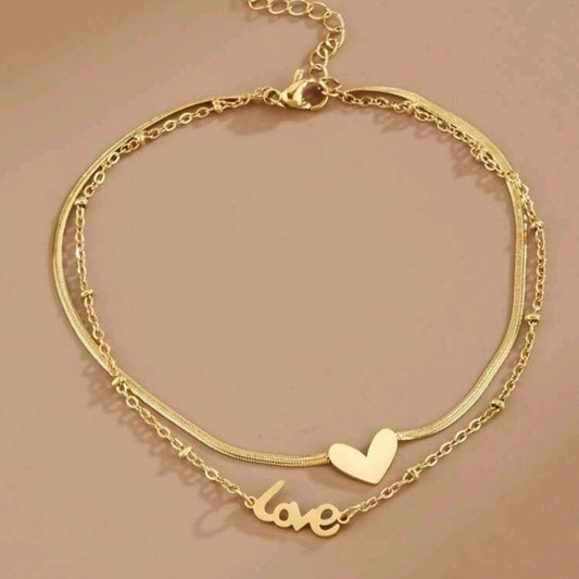 Pulsera - Tobillera Doble Cadena Con Corazón Y Escrito Love