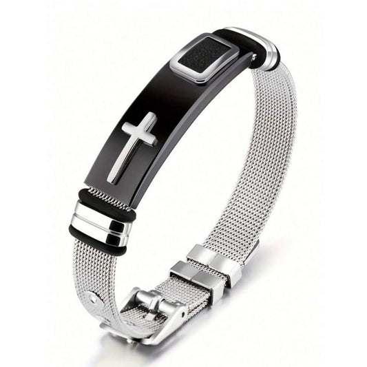 Pulsera Unisex Con Cruz Negro y Plateado