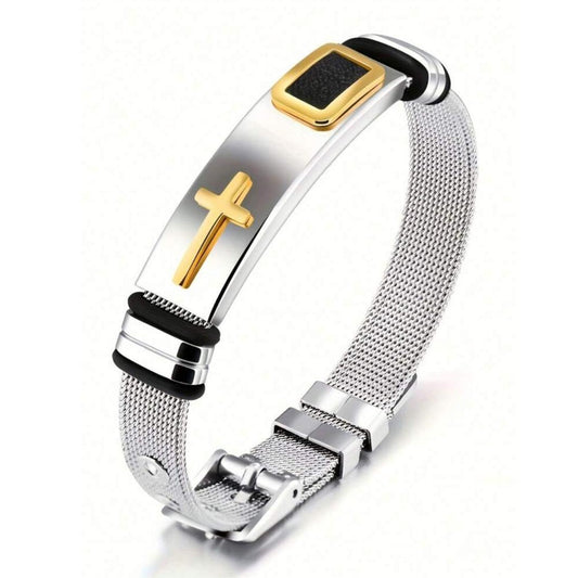 Pulsera Con Cruz Unisex Dorado, Negro y Plateado