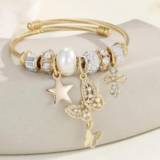 Pulsera Con Dijes De Estrella, Mariposas Colgantes Y Cruz...