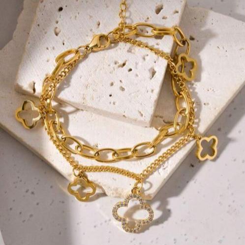 Pulsera Doble Con 5 Tréboles De 4 Hojas