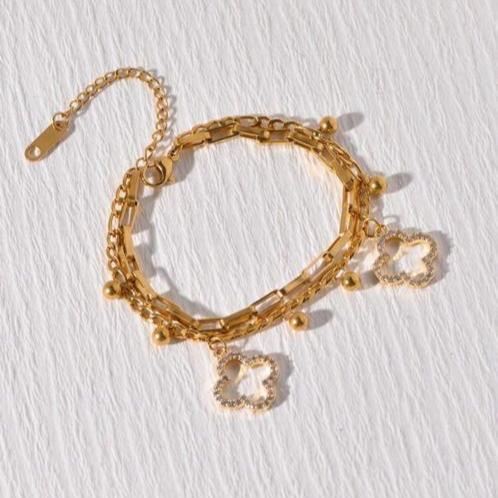 Pulsera Doble Con Dos Tréboles De 4 Hojas Con Diamantes Y Cuentas