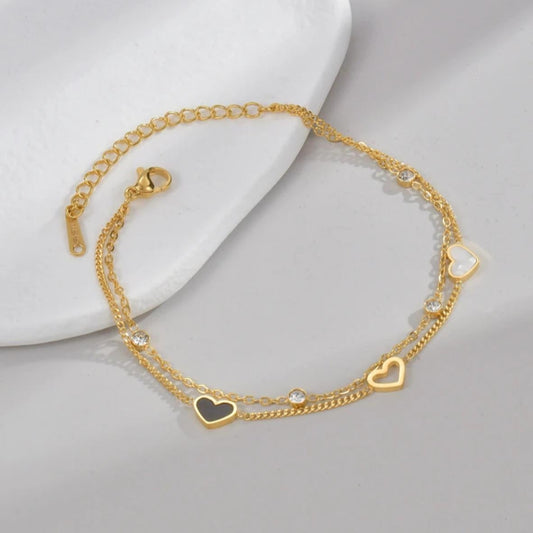 Pulsera Doble con Diamantes y 3 Corazones (Negro, Dorado y Blanco)