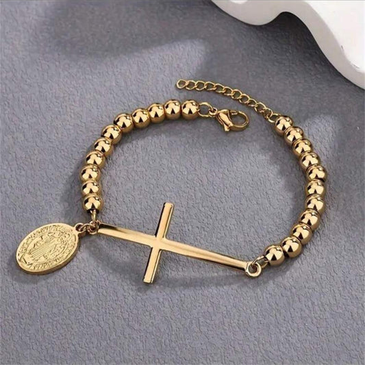 Pulsera de Balines Con Cruz y Dije de San Benito Dorada