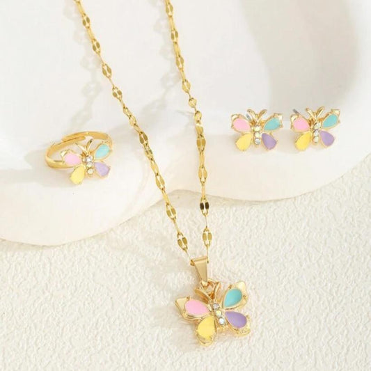 Set De Collar, Pendientes Y Anillo De Mariposa De Colores