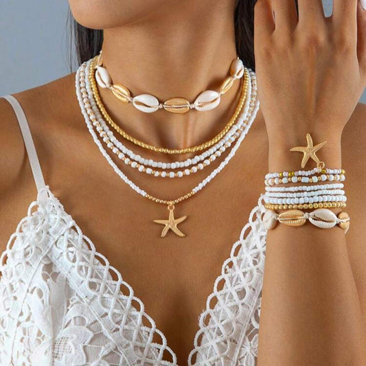 Set De Collares Y Pulseras Con Estrellas Y Caracoles (Hecho A Mano)