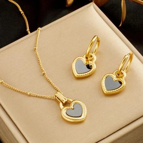 Set De Collar Y Zarcillos Black&White Heart