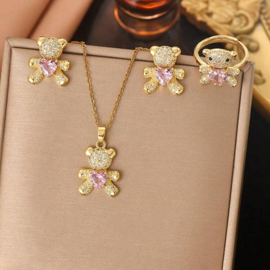 Set De Collar, Zarcillos Y Anillo De Ositos Con Diamantes y Corazón Rosa