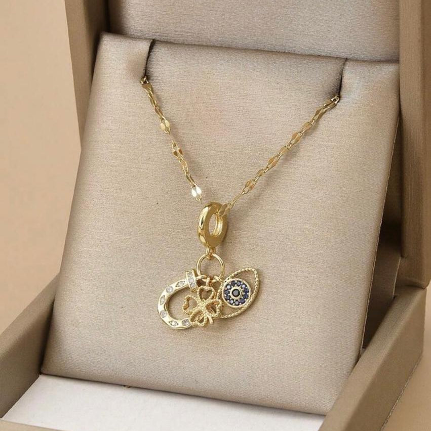 Collar Dorado Con Dijes Colgantes De Ojo Turco, Trébol y Herradura