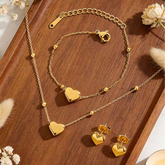 Set de Collar, Pulsera y Zarcillos de Corazón con Balines