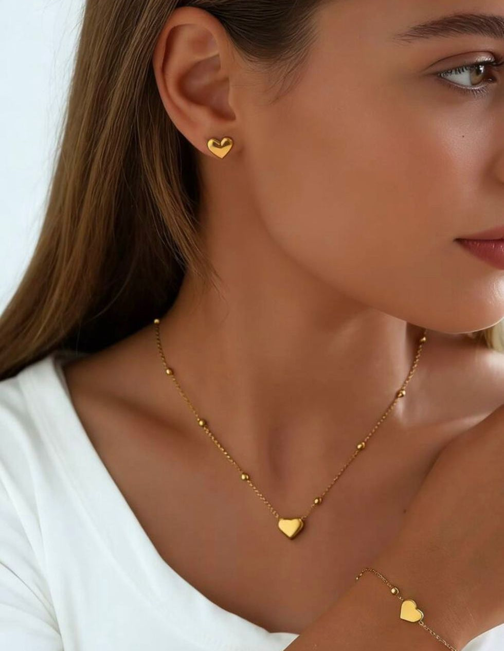 Set de Collar, Pulsera y Zarcillos de Corazón con Balines